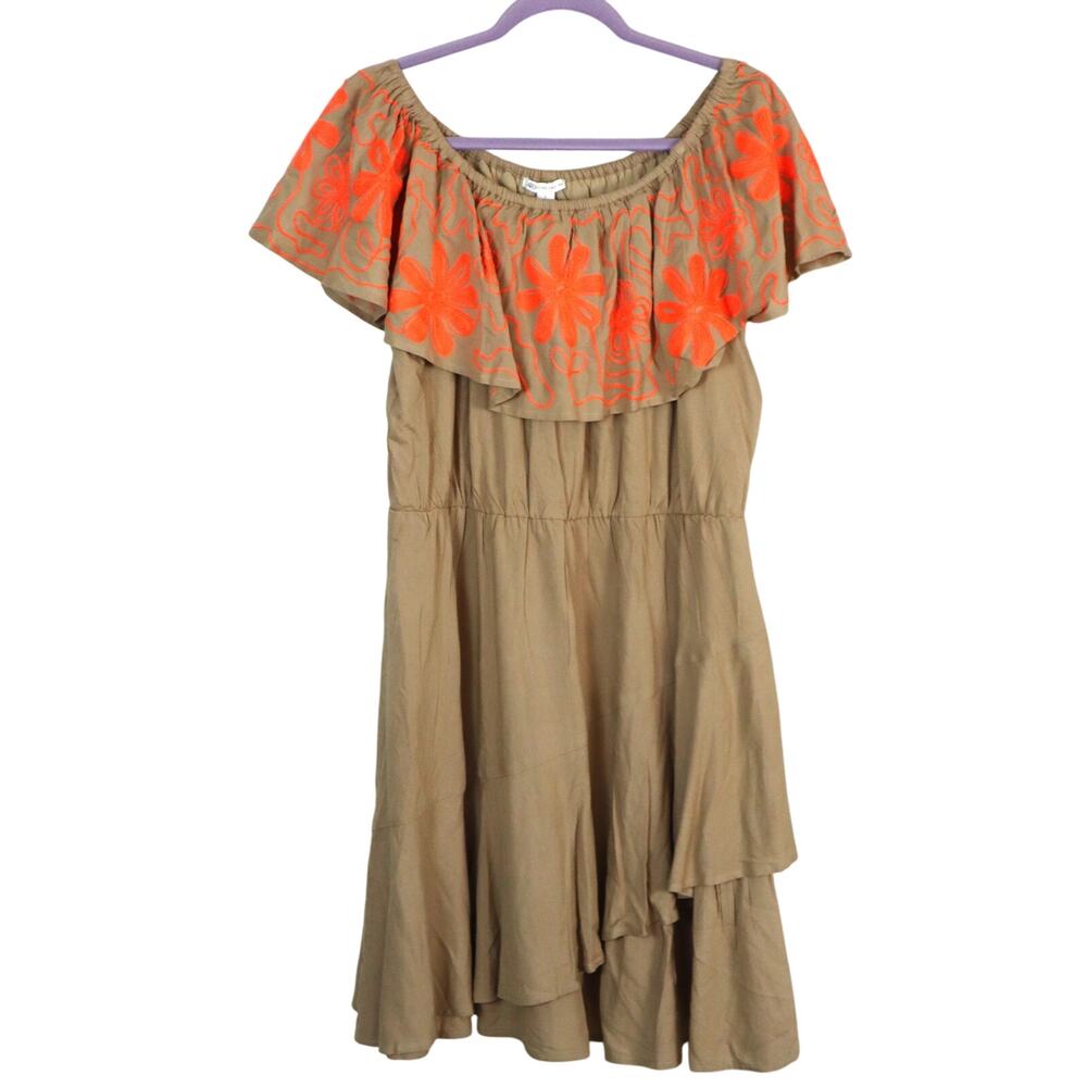 NWT Cato Tan SunDress Off Shoulder Ruffle Embroidered Orange Flowers Large Flowy